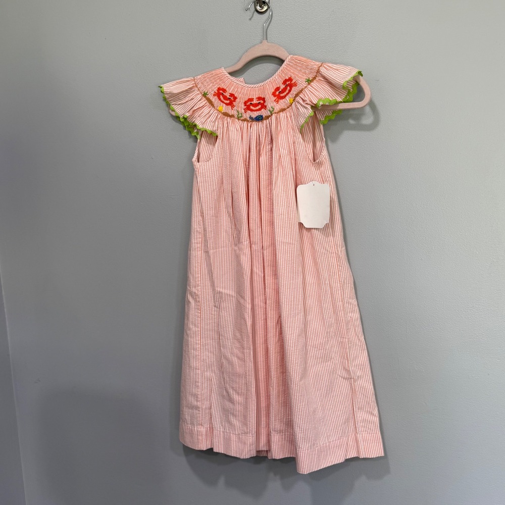 Remember Nguyen Girls Smocked Seersucker Dress Orange Stripe Crab Whale Size 6